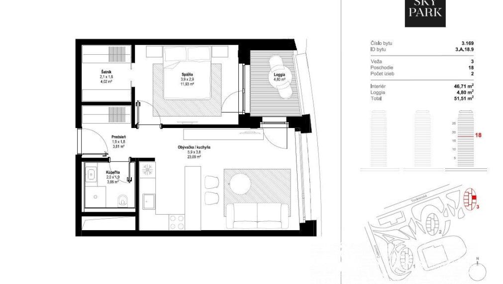 BOSEN | PREDANÉ: SKY PARK - 2 izbový byt na 18. poschodí, Továrenská ul., Staré Mesto, 51 m2