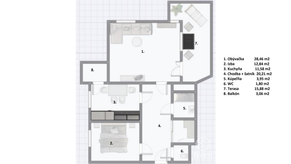 BOSEN | PREDANÉ: 2 izbový byt s výhľadom na Bratislavu, Karlova Ves, Kresánkova ul.