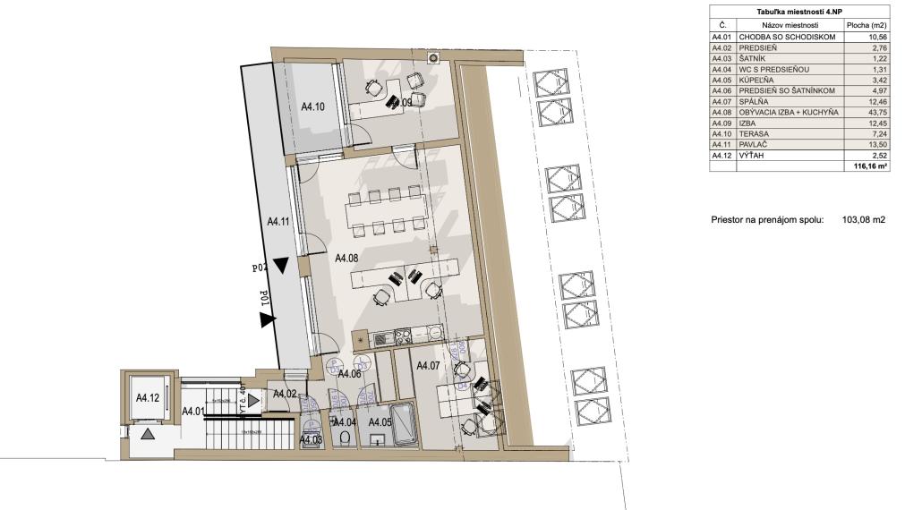 PRENAJATÉ | BOSEN | Prenájom kancelárie s terasou, 103,08 m2, ulica Karpatská, Bratislava m.č. Staré Mesto