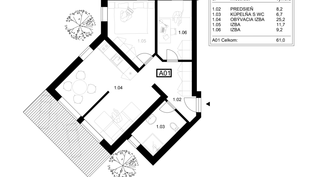 BOSEN | Svetlý 3 izbový apartmán A01, Liptovský Mikuláš - Ondrašová, 73.80 m2