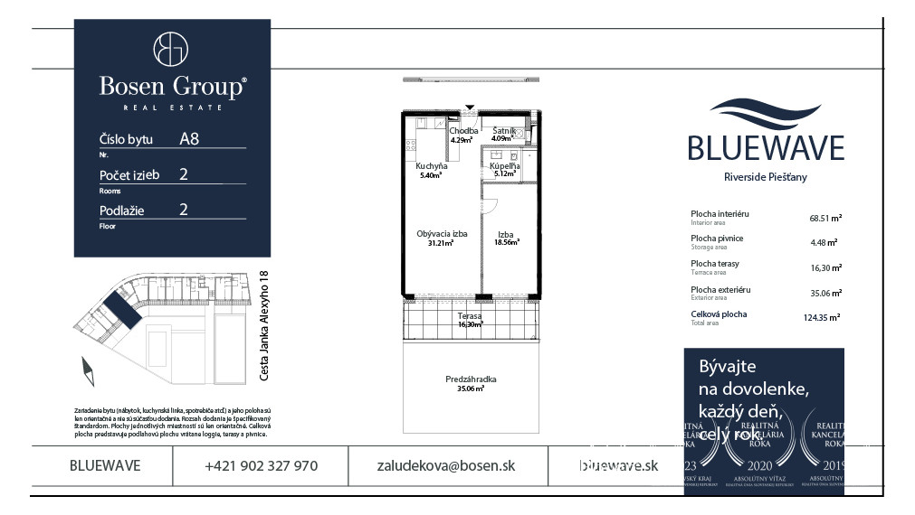 BOSEN | BLUEWAVE _ 2 izbový apartmán s predzáhradkou, A8_02, Banka, Piešťany, 124.35 m2