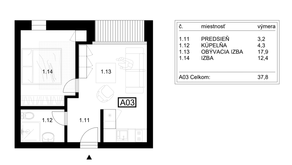 BOSEN | A03 | Útulný 2 izbový apartmán A03, Liptovský Mikuláš - Ondrašová, 43.17 m2