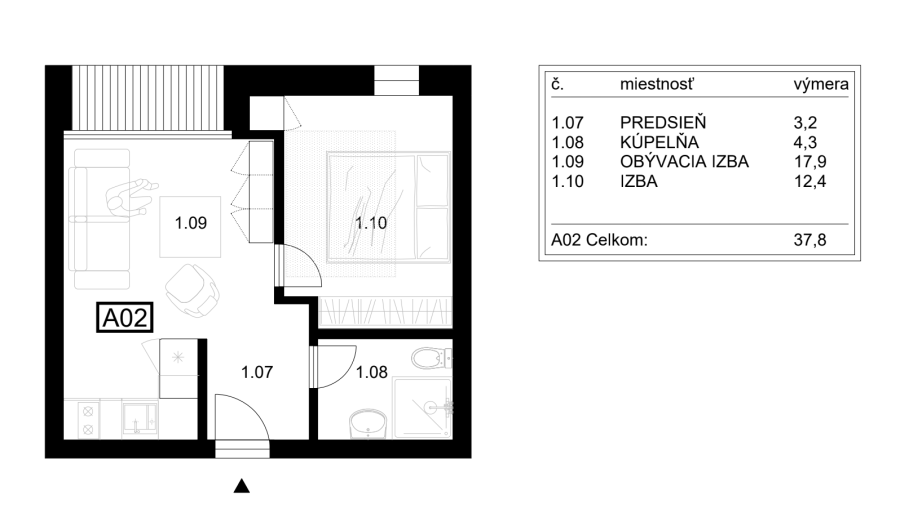 BOSEN | A02 | 2 izbový apartmán A02, Liptovský Mikuláš - Ondrašová, 40.80 m2